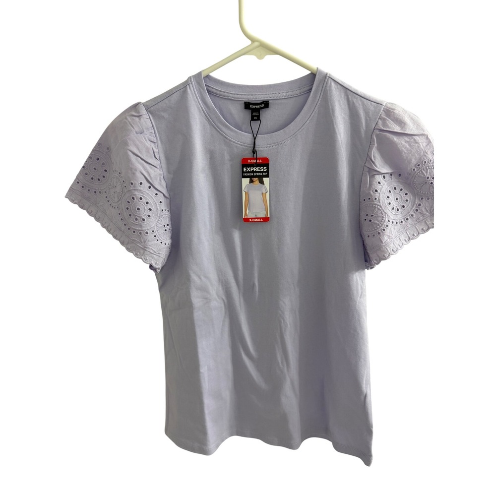 Express Fashion Spring Top Lavender Eyelet Lace Flutter Sleeve Crew Neck XS New